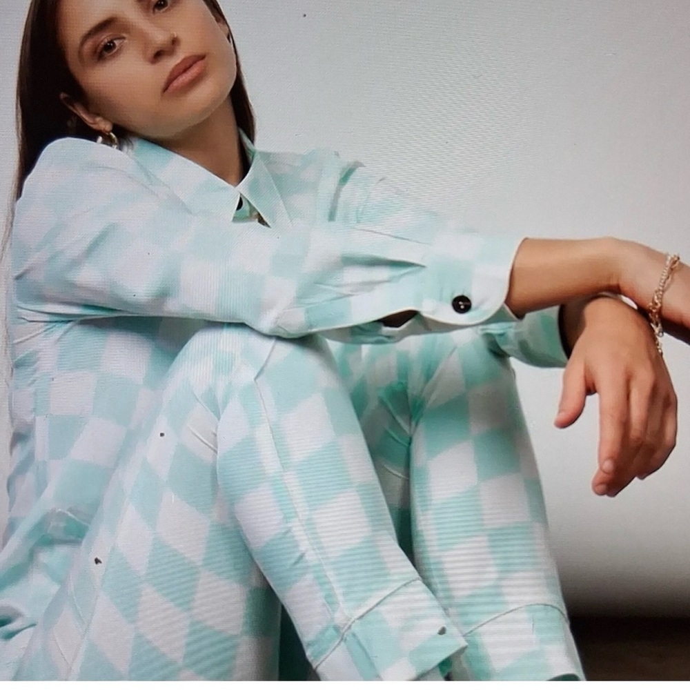 Bamboo Rayon Checkered Teal Long Sleeve Lounge Set With Eye Mask. New Sz M
